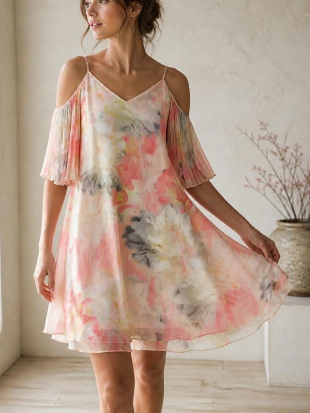 White House Black Market water color floral pleated cold shoulder dress size 6